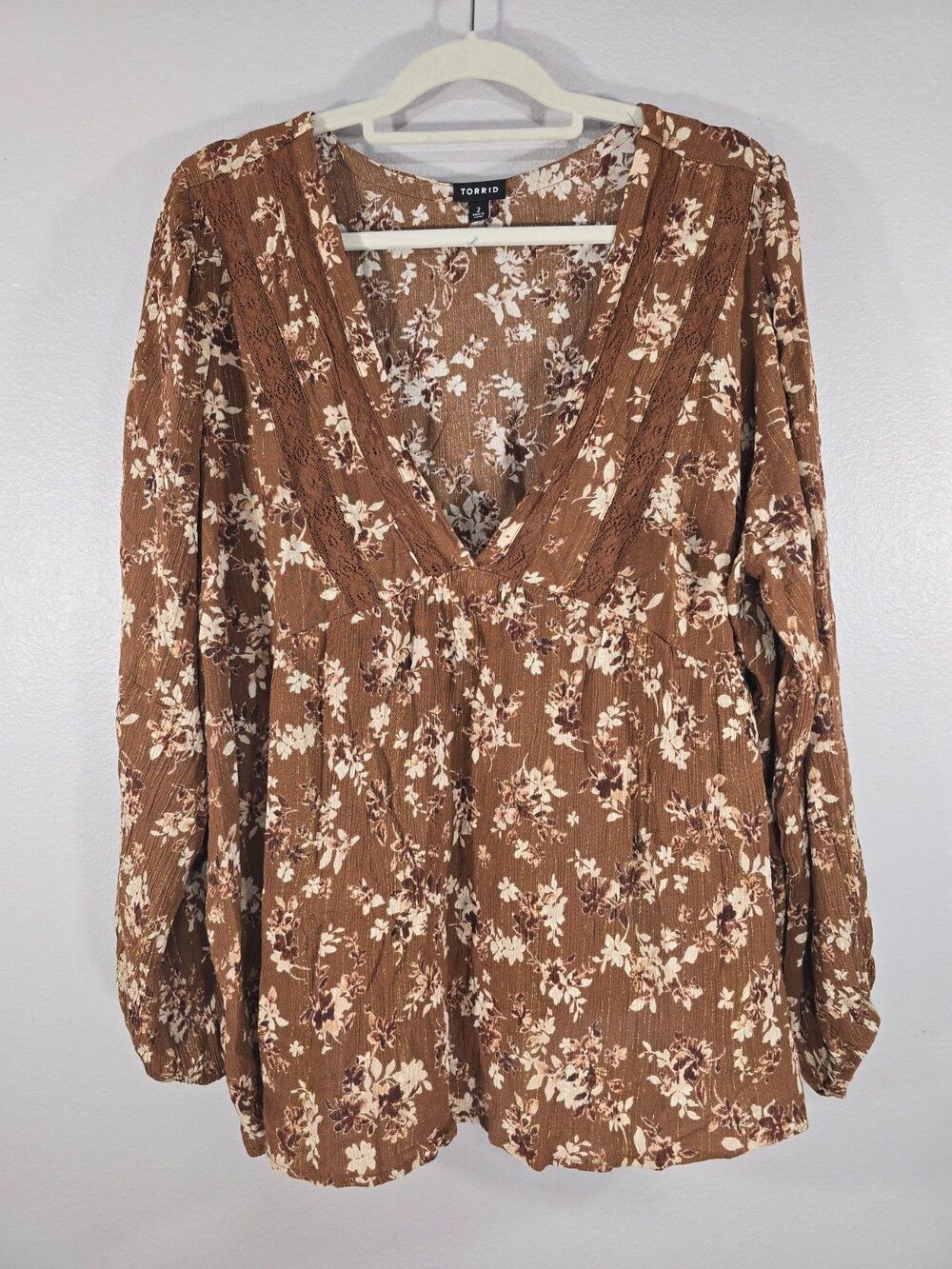 Torrid Brown Floral Blouse Babydoll Peasant Bohemian Loose Fit shirt Size 2x BZ